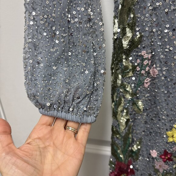 Mac Duggal Size 4 Gray 5542 Floral Sequin Beaded Maxi Formal Gown Dress - Picture 7 of 12